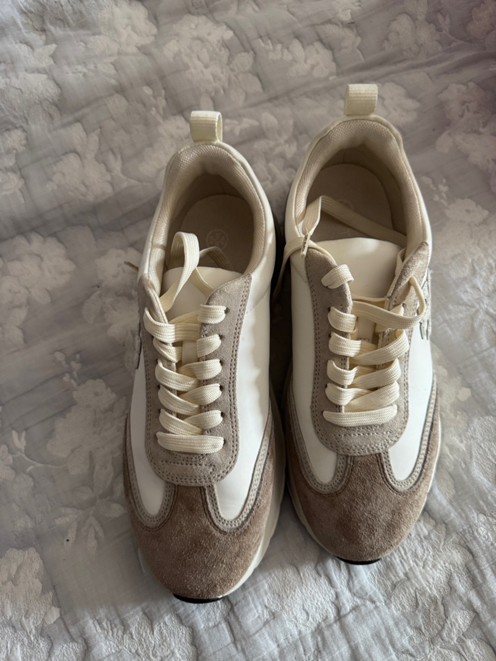 Tory Burch White and Taupe Suede-Accent Sneakers - Picture 3 of 5